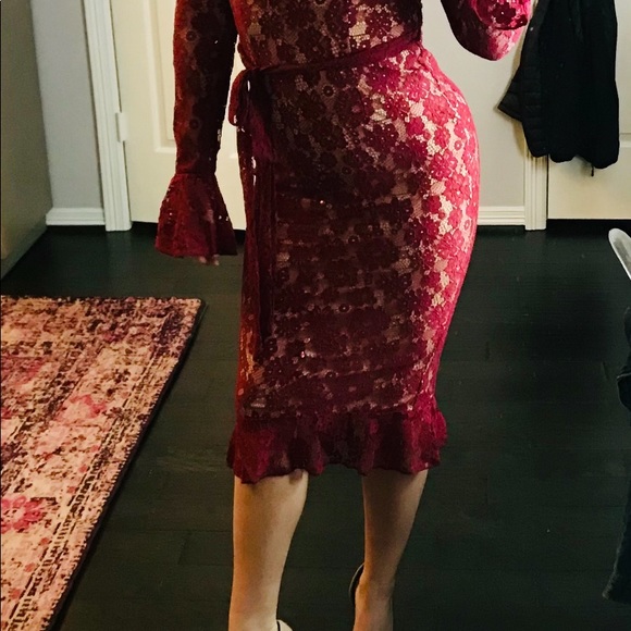 Red Turtleneck MIDI Lace Dress - Picture 5 of 5